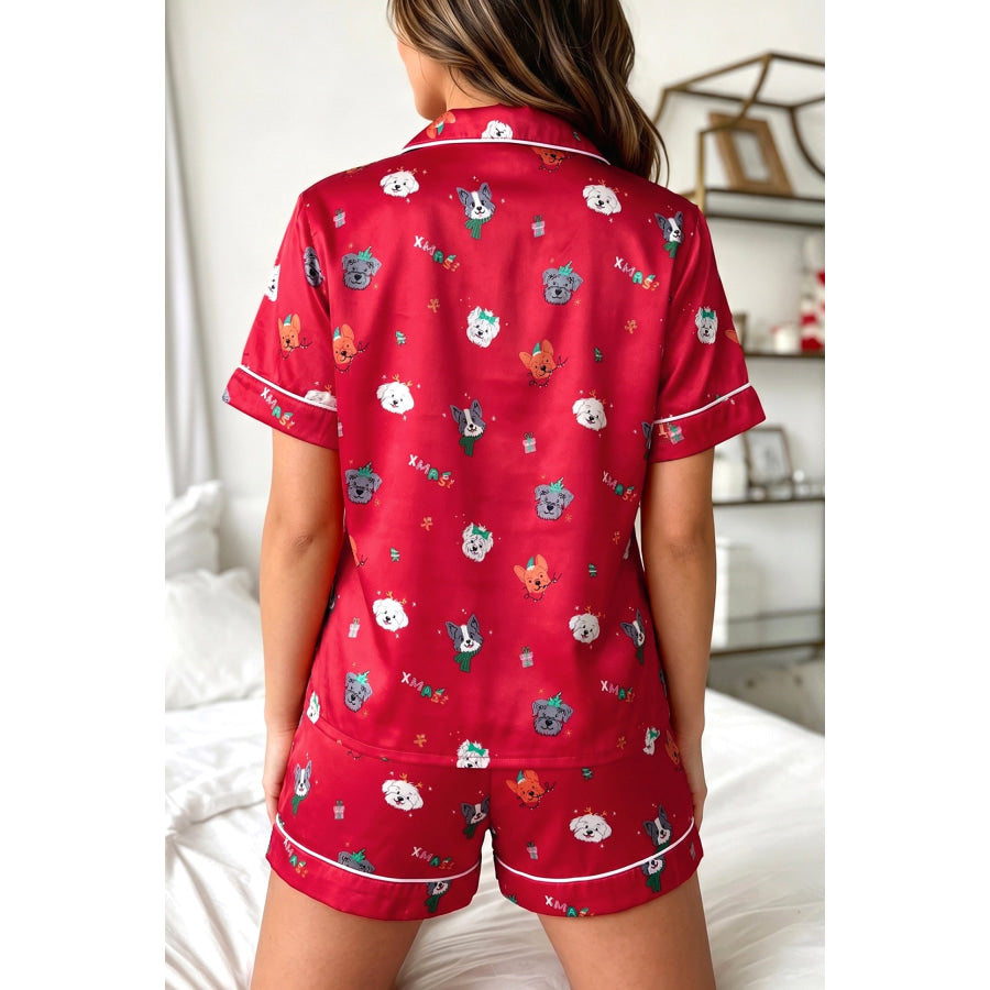 Racing Red Festive Dog Print Short Sleeve Two Piece Lounge Set Loungewear & Sleepwear/Loungewear