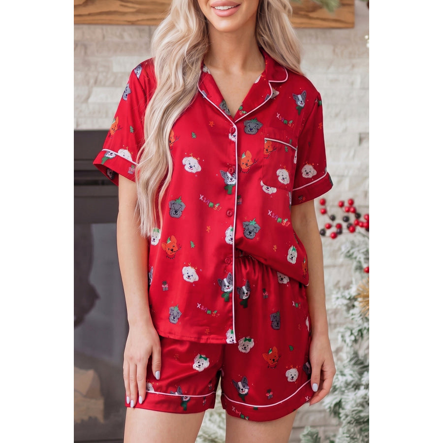 Racing Red Festive Dog Print Short Sleeve Two Piece Lounge Set / S / 95% Polyester + 5% Elastane Loungewear & Sleepwear/Loungewear