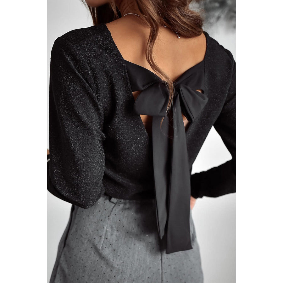 Racing Red Metallic Bowknot Open Back V Neck Top Black / S / 71.5% Polyamide + 23.9% Metallized fibres + 4.6% Elastane Tops/Long Sleeve Tops