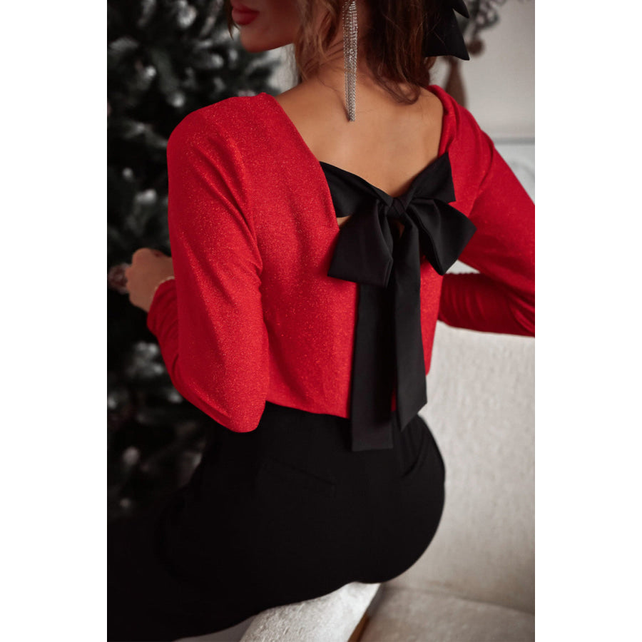 Racing Red Metallic Bowknot Open Back V Neck Top Racing Red / S / 71.5% Polyamide + 23.9% Metallized fibres + 4.6% Elastane Tops/Long