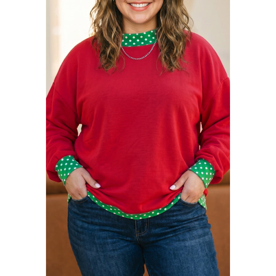 Racing Red Polka Dot Patchwork Round Neck Plus Size Sweatshirt Racing Red / 1X / 50% Polyester + 50% Cotton Plus Size/Plus Size Sweatshirts