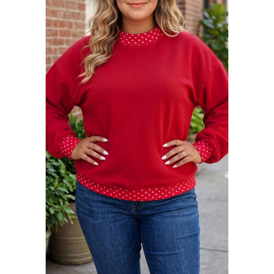 Racing Red Polka Dot Patchwork Round Neck Plus Size Sweatshirt Red / 1X / 50% Polyester + 50% Cotton Plus Size/Plus Size Sweatshirts &