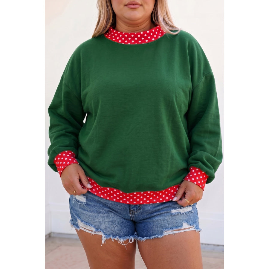 Racing Red Polka Dot Patchwork Round Neck Plus Size Sweatshirt Dark Green / 1X / 50% Polyester + 50% Cotton Plus Size/Plus Size Sweatshirts