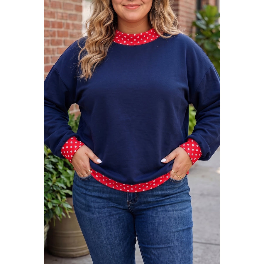 Racing Red Polka Dot Patchwork Round Neck Plus Size Sweatshirt Dirty blue / 1X / 50% Polyester + 50% Cotton Plus Size/Plus Size Sweatshirts