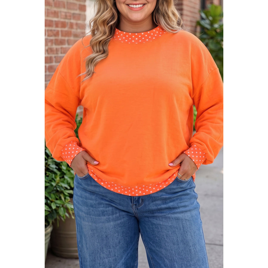 Racing Red Polka Dot Patchwork Round Neck Plus Size Sweatshirt Orange / 1X / 50% Polyester + 50% Cotton Plus Size/Plus Size Sweatshirts &