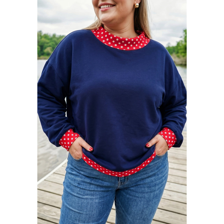 Racing Red Polka Dot Patchwork Round Neck Plus Size Sweatshirt Plus Size/Plus Size Sweatshirts & Hoodies