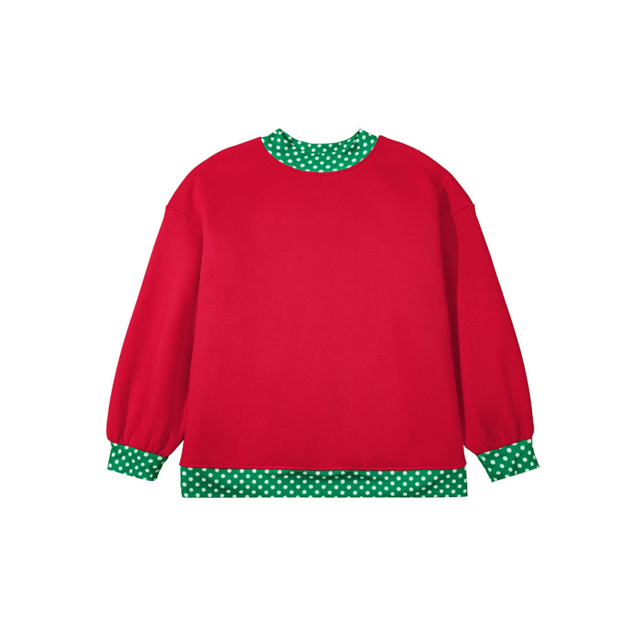 Racing Red Polka Dot Patchwork Round Neck Plus Size Sweatshirt Size/Plus Sweatshirts & Hoodies