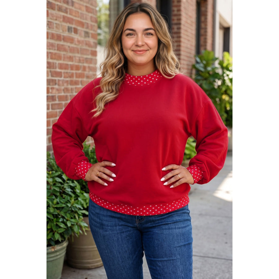 Racing Red Polka Dot Patchwork Round Neck Plus Size Sweatshirt Plus Size/Plus Size Sweatshirts & Hoodies