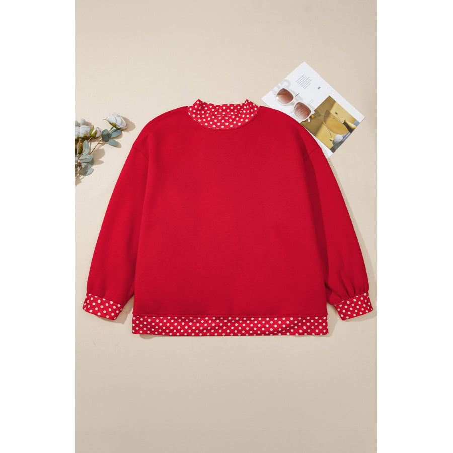 Racing Red Polka Dot Patchwork Round Neck Plus Size Sweatshirt Size/Plus Sweatshirts & Hoodies