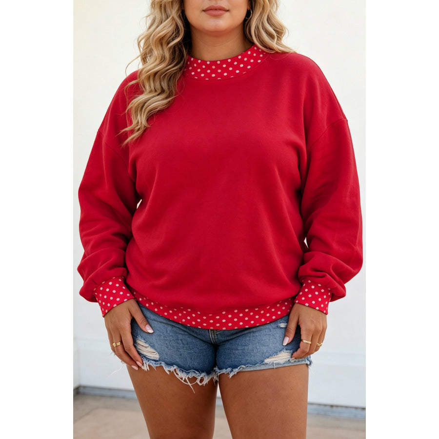 Racing Red Polka Dot Patchwork Round Neck Plus Size Sweatshirt Plus Size/Plus Size Sweatshirts & Hoodies