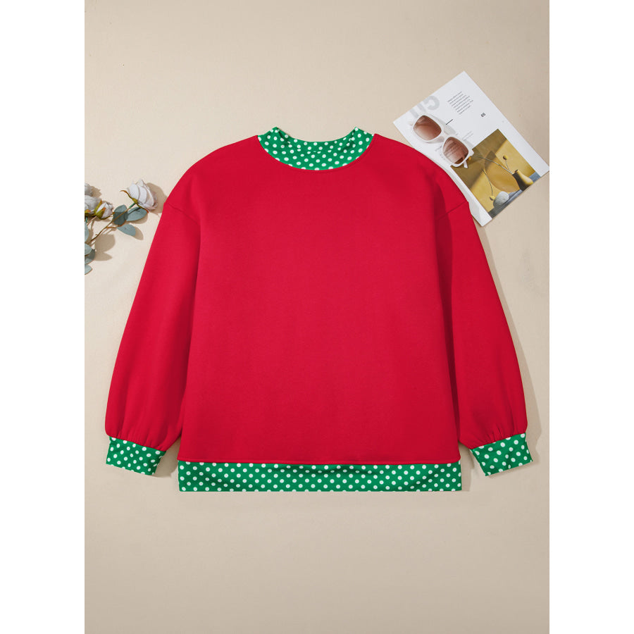 Racing Red Polka Dot Patchwork Round Neck Plus Size Sweatshirt Size/Plus Sweatshirts & Hoodies