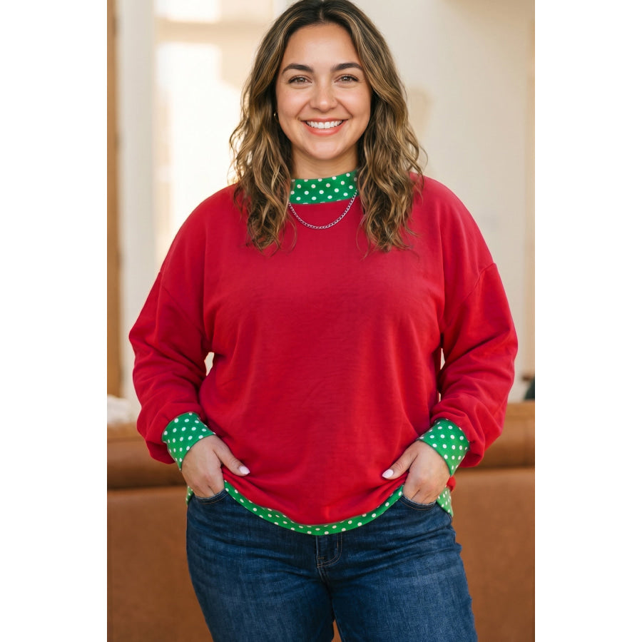 Racing Red Polka Dot Patchwork Round Neck Plus Size Sweatshirt Plus Size/Plus Size Sweatshirts & Hoodies