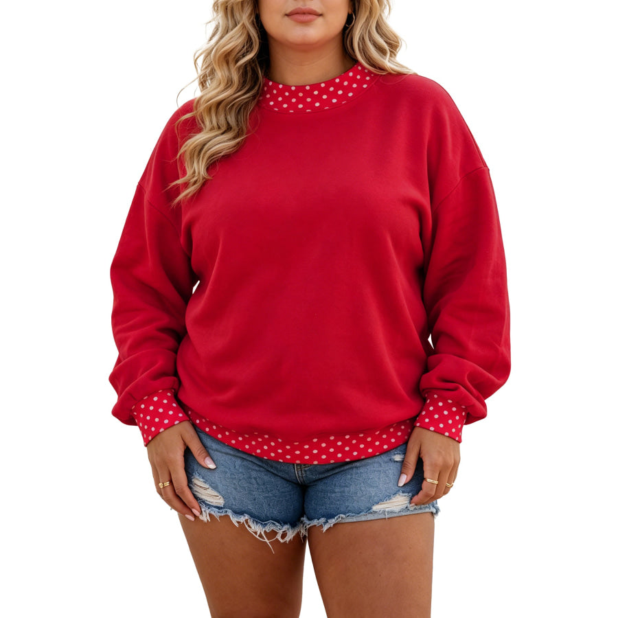 Racing Red Polka Dot Patchwork Round Neck Plus Size Sweatshirt Size/Plus Sweatshirts & Hoodies