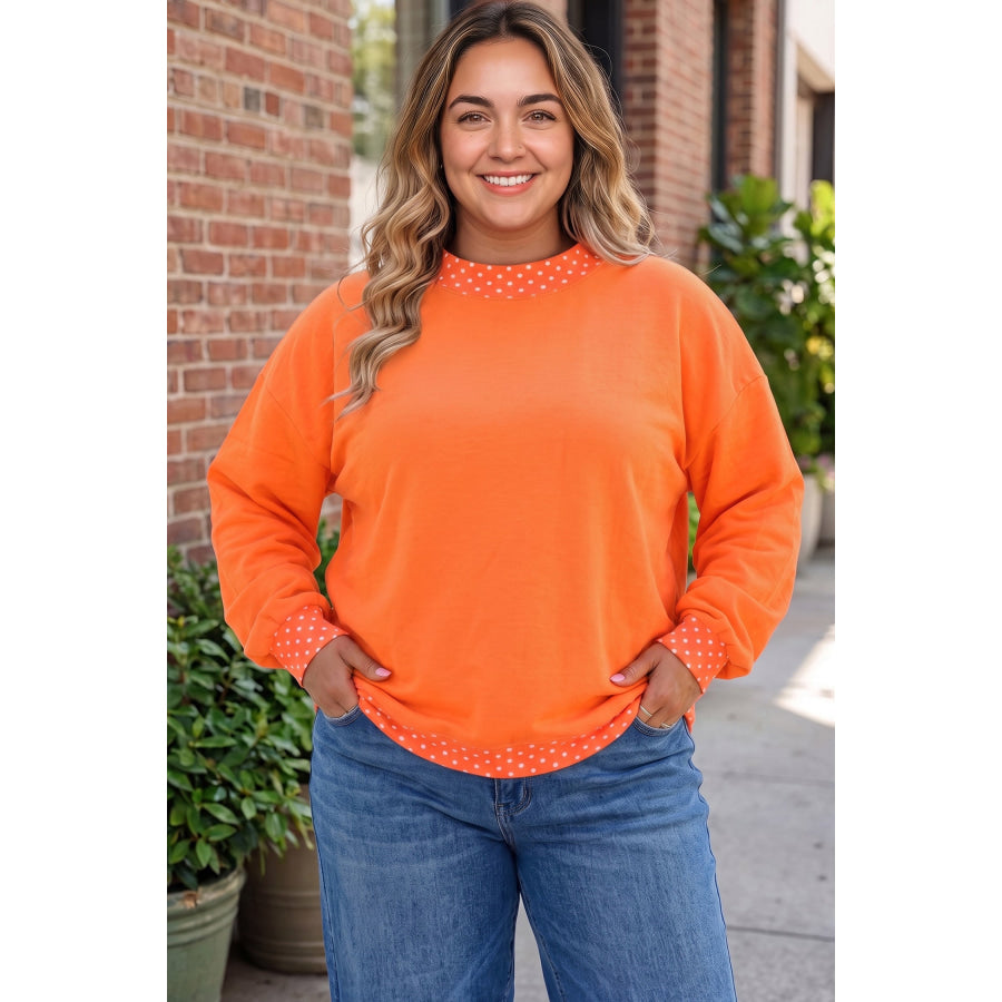 Racing Red Polka Dot Patchwork Round Neck Plus Size Sweatshirt Plus Size/Plus Size Sweatshirts & Hoodies
