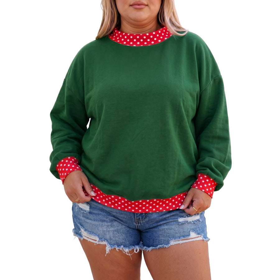 Racing Red Polka Dot Patchwork Round Neck Plus Size Sweatshirt Plus Size/Plus Size Sweatshirts & Hoodies