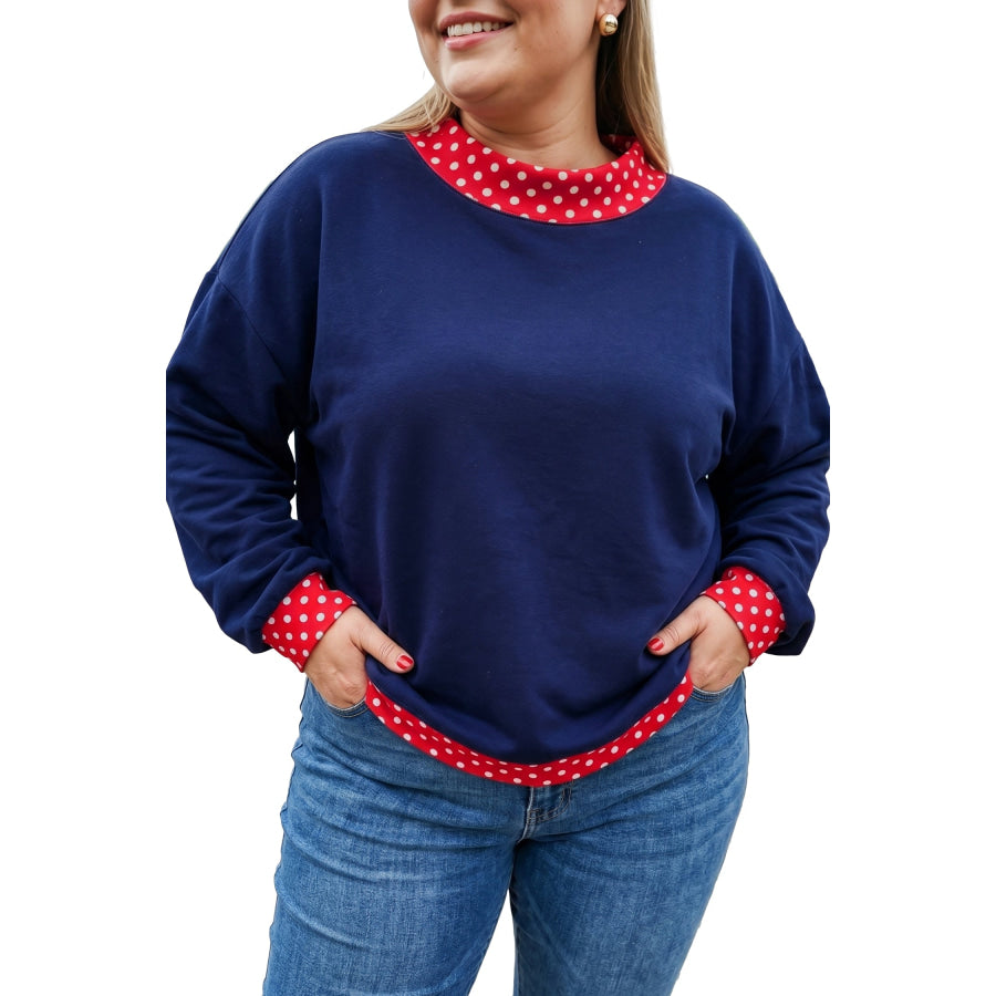 Racing Red Polka Dot Patchwork Round Neck Plus Size Sweatshirt Size/Plus Sweatshirts & Hoodies