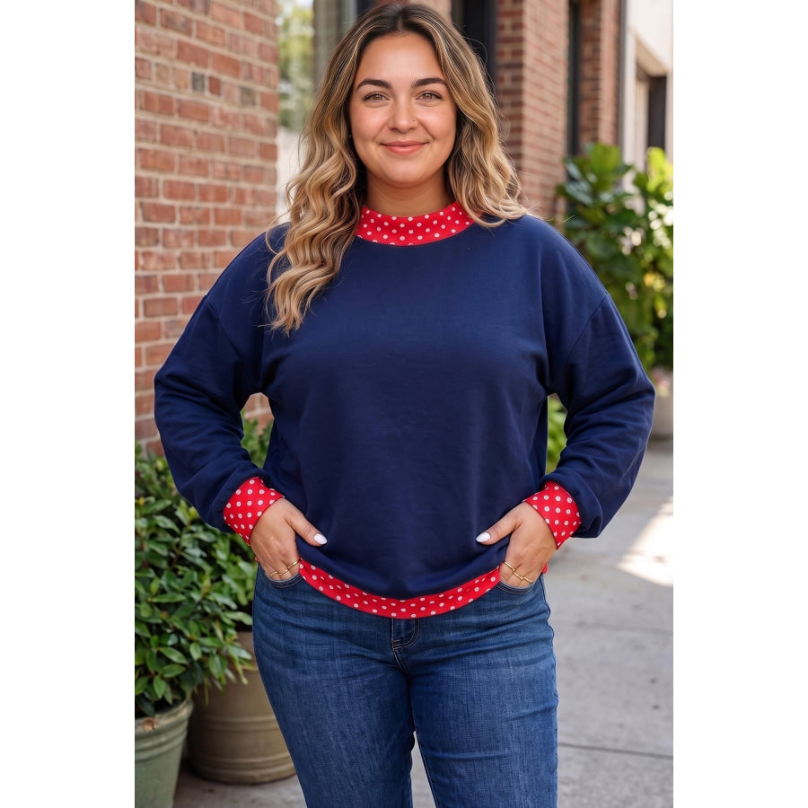 Racing Red Polka Dot Patchwork Round Neck Plus Size Sweatshirt Plus Size/Plus Size Sweatshirts & Hoodies