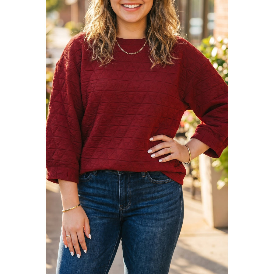 Racing Red Solid Round Neck Tunic Adjustable Cuffs Shift Plus Size Blouse / 1X / 95% Polyester + 5% Elastane Size/Plus Tops/Plus Blouses &