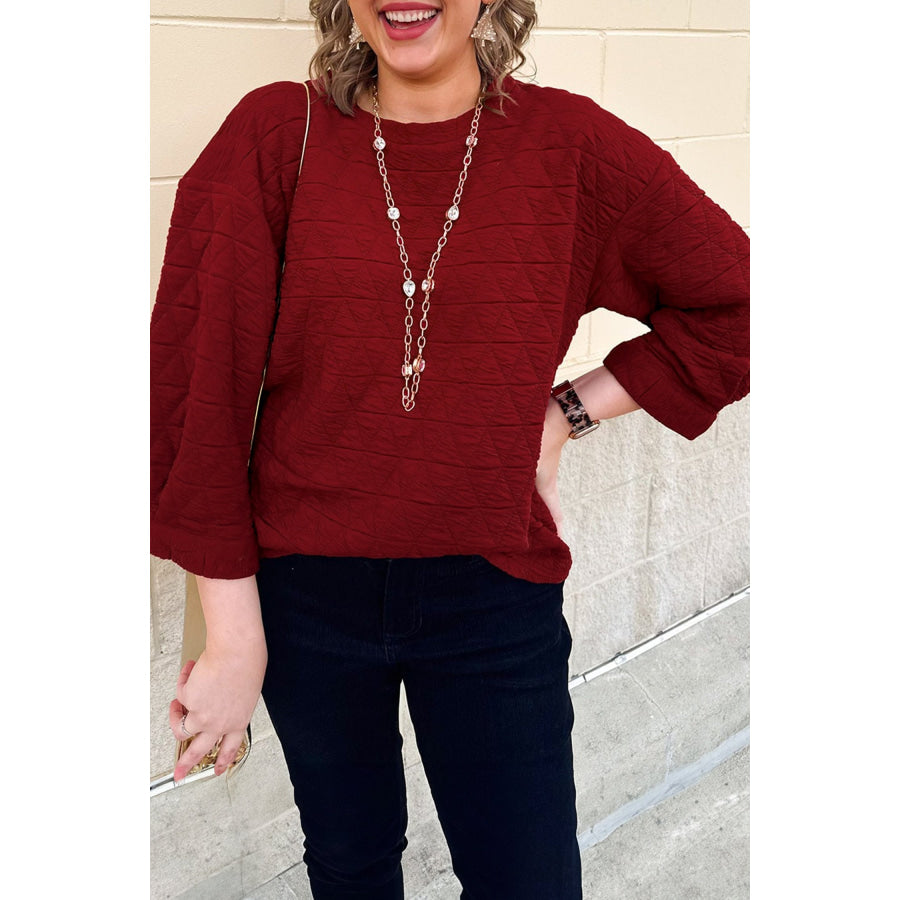 Racing Red Solid Round Neck Tunic Adjustable Cuffs Shift Plus Size Blouse Size/Plus Tops/Plus Blouses & Shirts