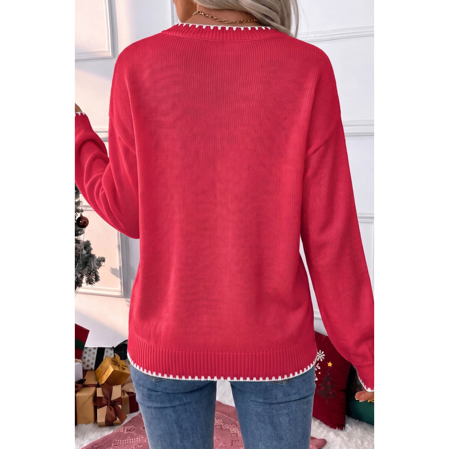 Racing Red Stitched Detail Christmas Tree Holiday Casual Sweater Sweaters & Cardigans/Sweaters