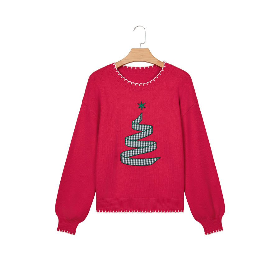 Racing Red Stitched Detail Christmas Tree Holiday Casual Sweater Sweaters & Cardigans/Sweaters