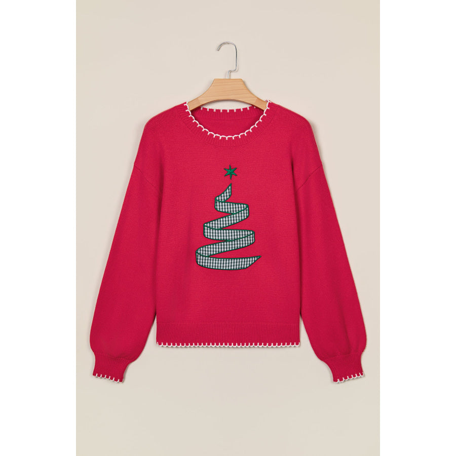 Racing Red Stitched Detail Christmas Tree Holiday Casual Sweater Sweaters & Cardigans/Sweaters