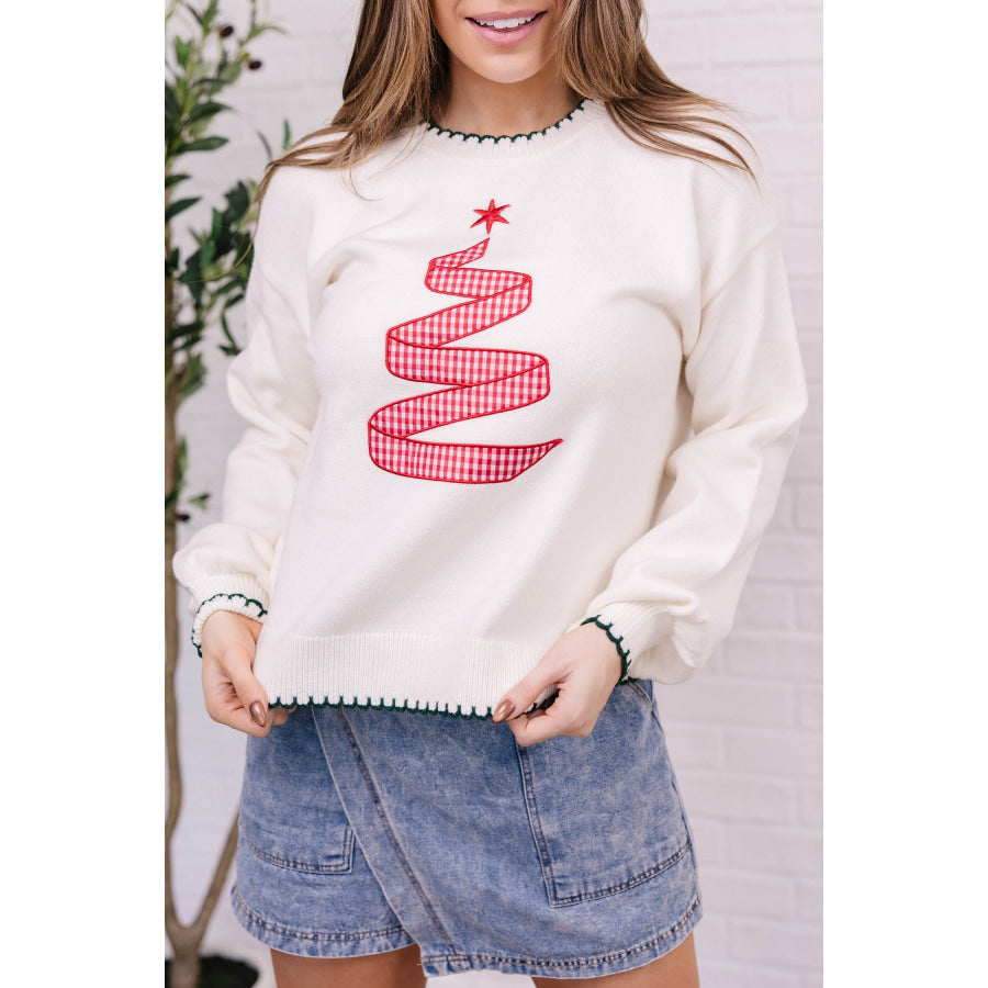 Racing Red Stitched Detail Christmas Tree Holiday Casual Sweater Sweaters & Cardigans/Sweaters