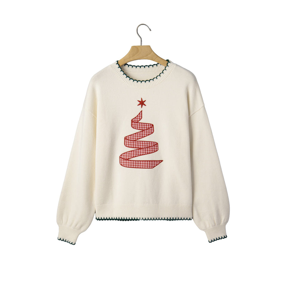Racing Red Stitched Detail Christmas Tree Holiday Casual Sweater Sweaters & Cardigans/Sweaters