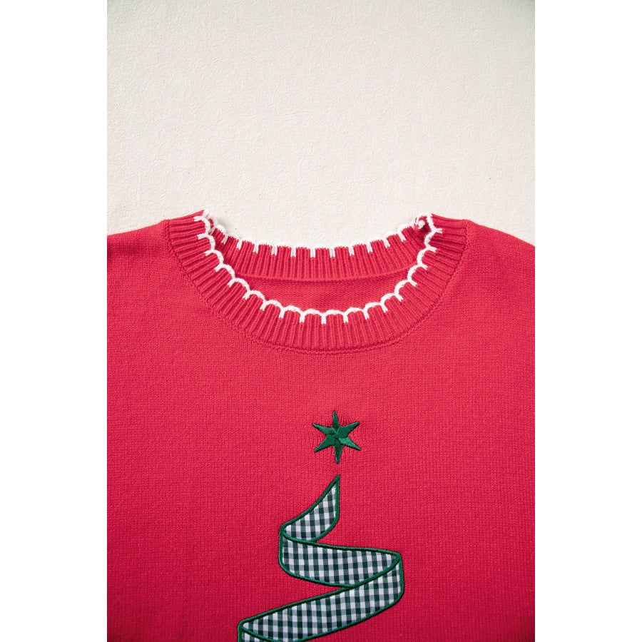Racing Red Stitched Detail Christmas Tree Holiday Casual Sweater Sweaters & Cardigans/Sweaters