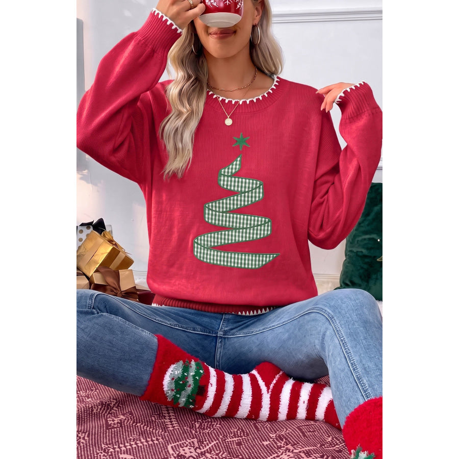 Racing Red Stitched Detail Christmas Tree Holiday Casual Sweater Sweaters & Cardigans/Sweaters