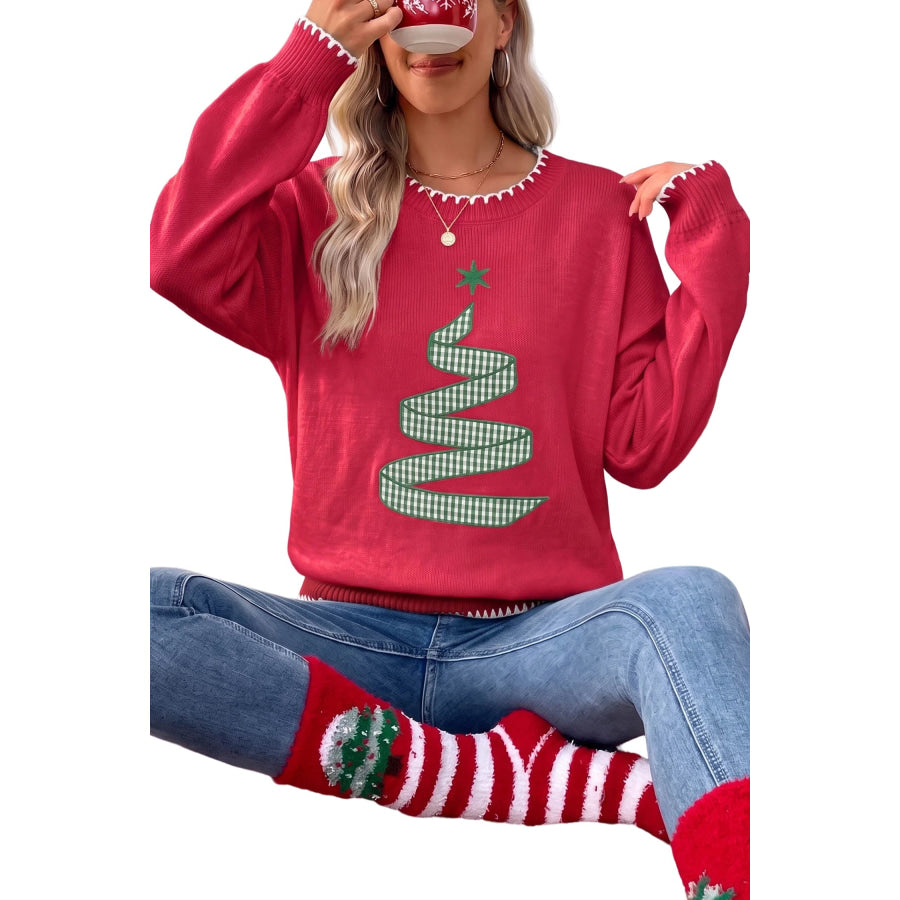 Racing Red Stitched Detail Christmas Tree Holiday Casual Sweater Sweaters & Cardigans/Sweaters