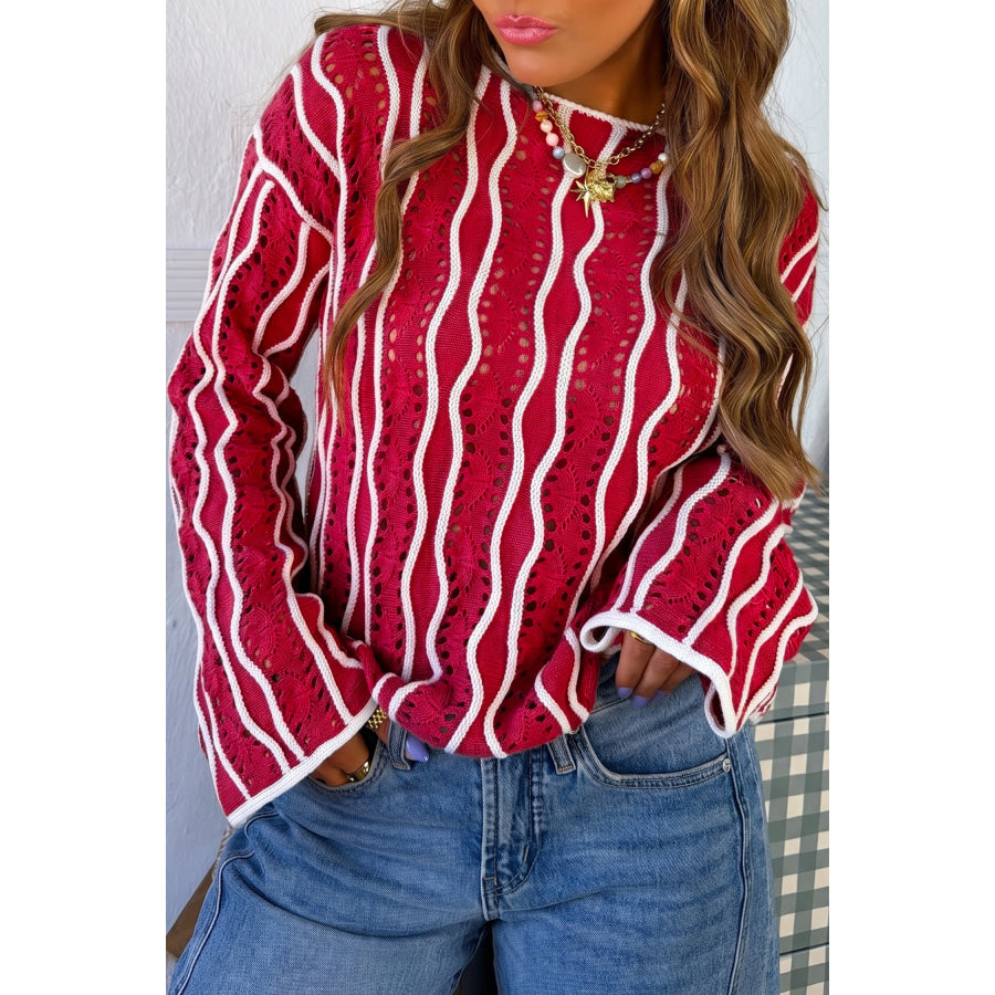 Racing Red Wavy Detail Hollow Out Knit Long Sleeve Cotton Pullover Sweater / S / 100% Cotton Sweaters & Cardigans/Sweaters