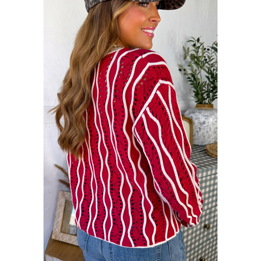 Racing Red Wavy Detail Hollow Out Knit Long Sleeve Cotton Pullover Sweater Sweaters & Cardigans/Sweaters