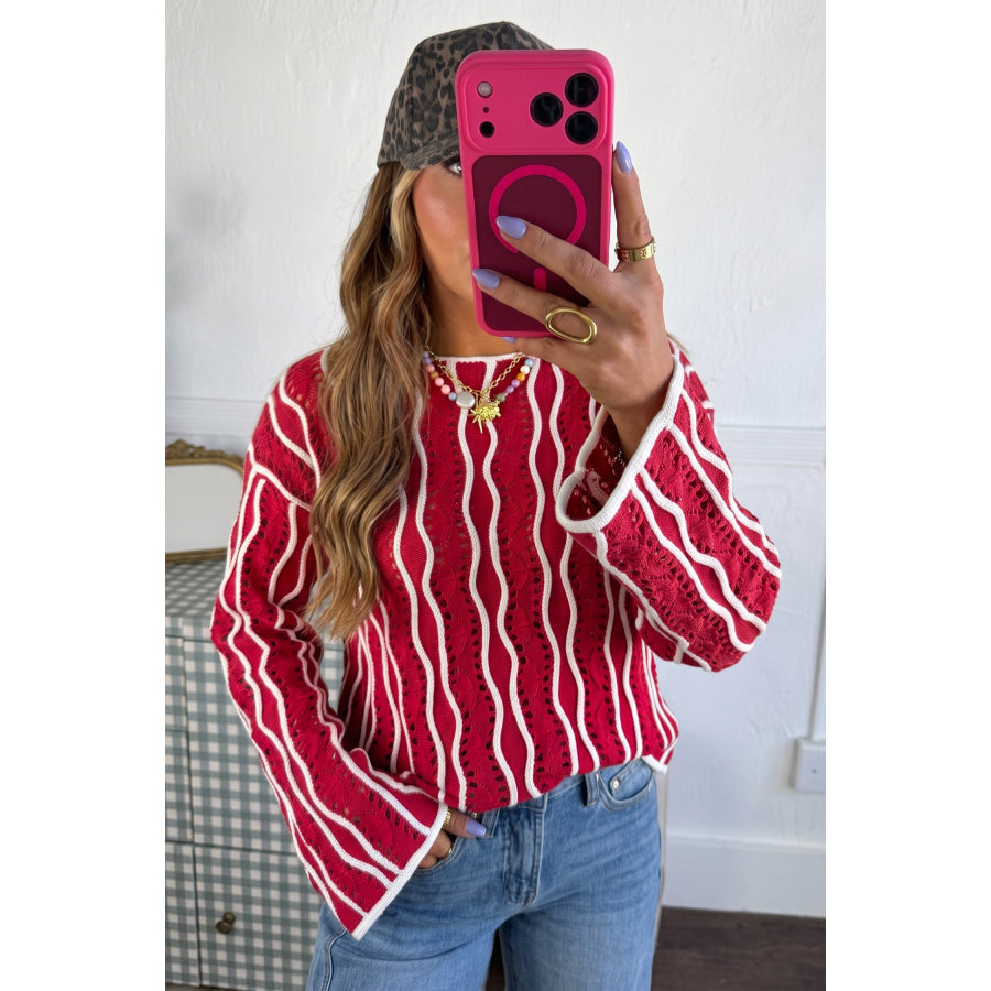 Racing Red Wavy Detail Hollow Out Knit Long Sleeve Cotton Pullover Sweater Sweaters & Cardigans/Sweaters