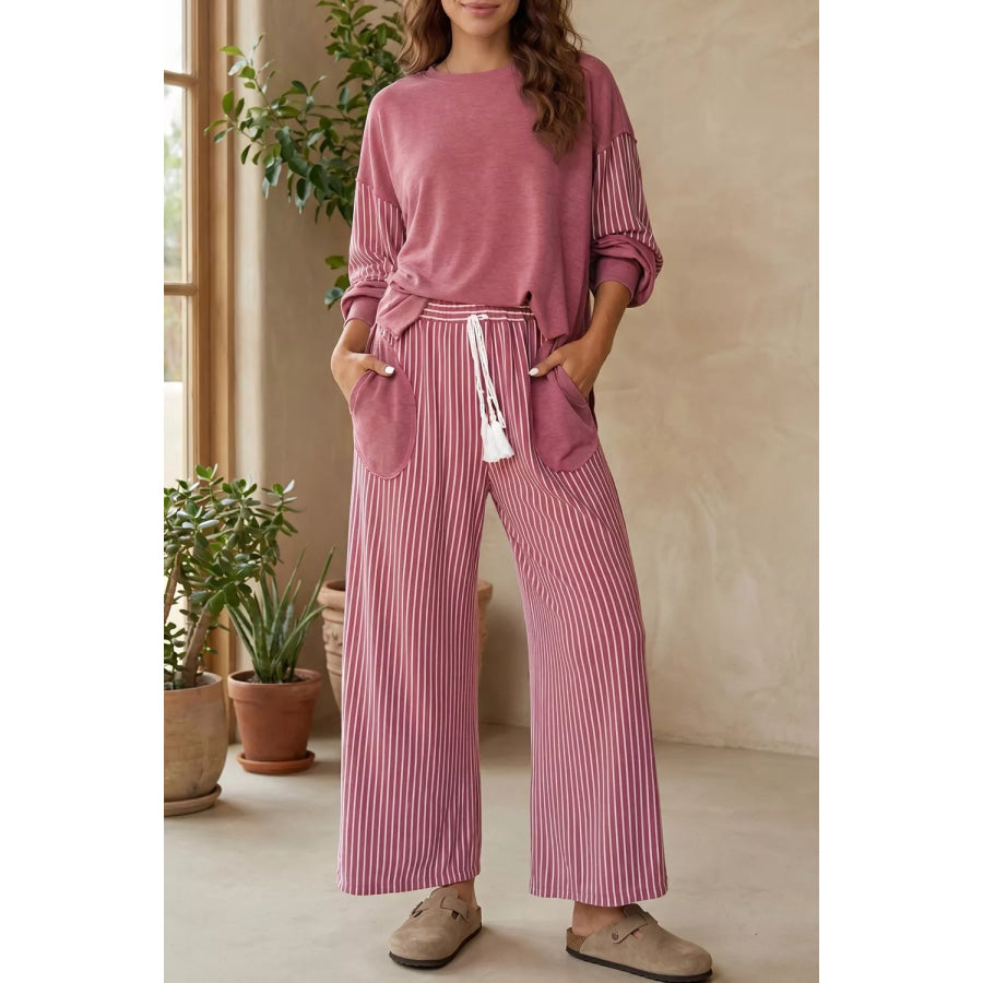 Rae Edge Patchwork Long Sleeve Top and Pocket Casual Pants Set Cerise / S Apparel and Accessories