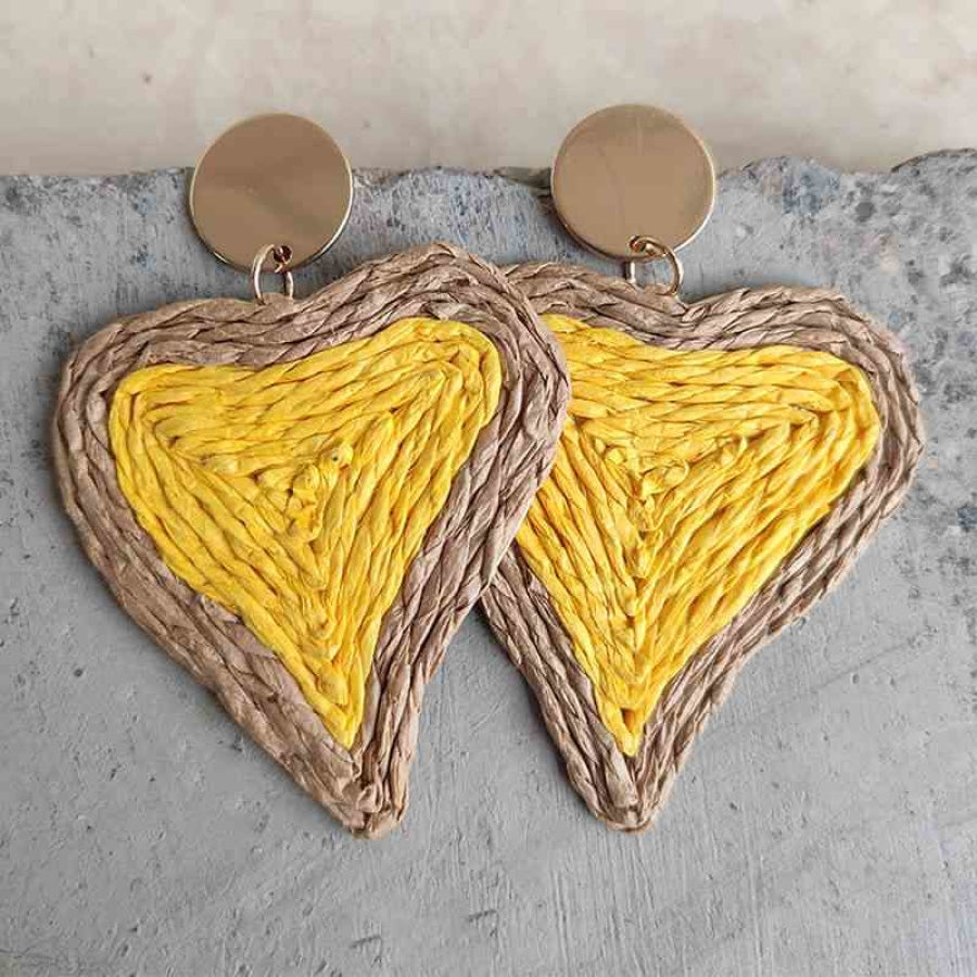 Raffia Grass Heart Teardrop Earrings Banana Yellow / One Size