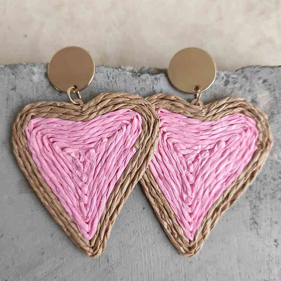 Raffia Grass Heart Teardrop Earrings Carnation Pink / One Size