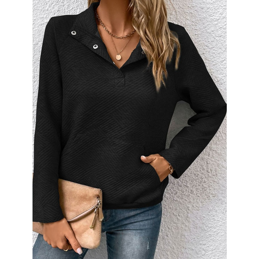 Raglan Sleeve Collared Neck Sweatshirt with Pocket Black / S