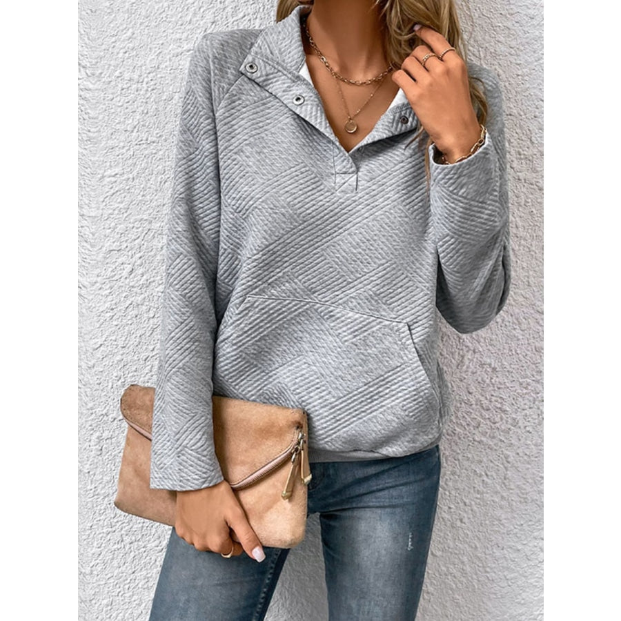 Raglan Sleeve Collared Neck Sweatshirt with Pocket Light Gray / S