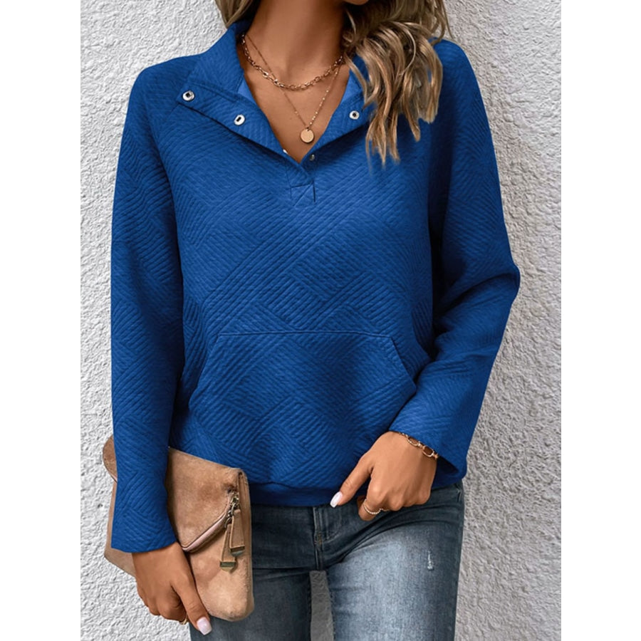 Raglan Sleeve Collared Neck Sweatshirt with Pocket Peacock Blue / S