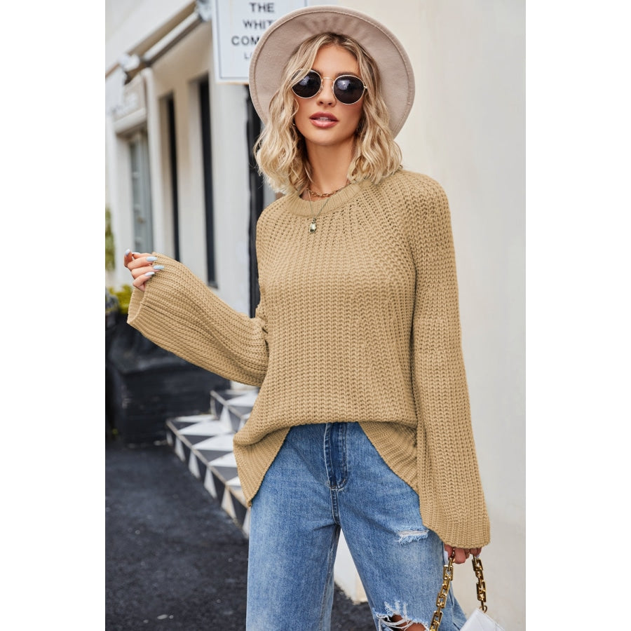 Raglan Sleeve Waffle Knit Sweater Tan / S