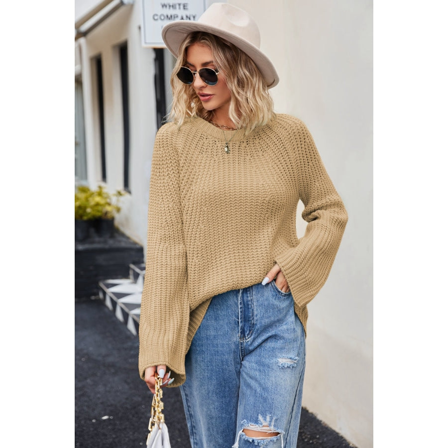 Raglan Sleeve Waffle Knit Sweater