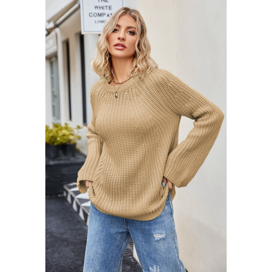 Raglan Sleeve Waffle Knit Sweater