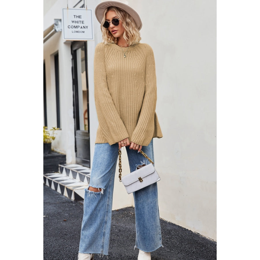 Raglan Sleeve Waffle Knit Sweater