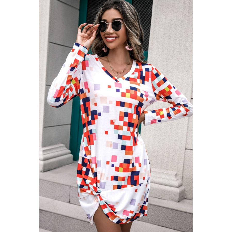 Rainbow Checker Twisted Long Sleeve Dress Multicolor / S