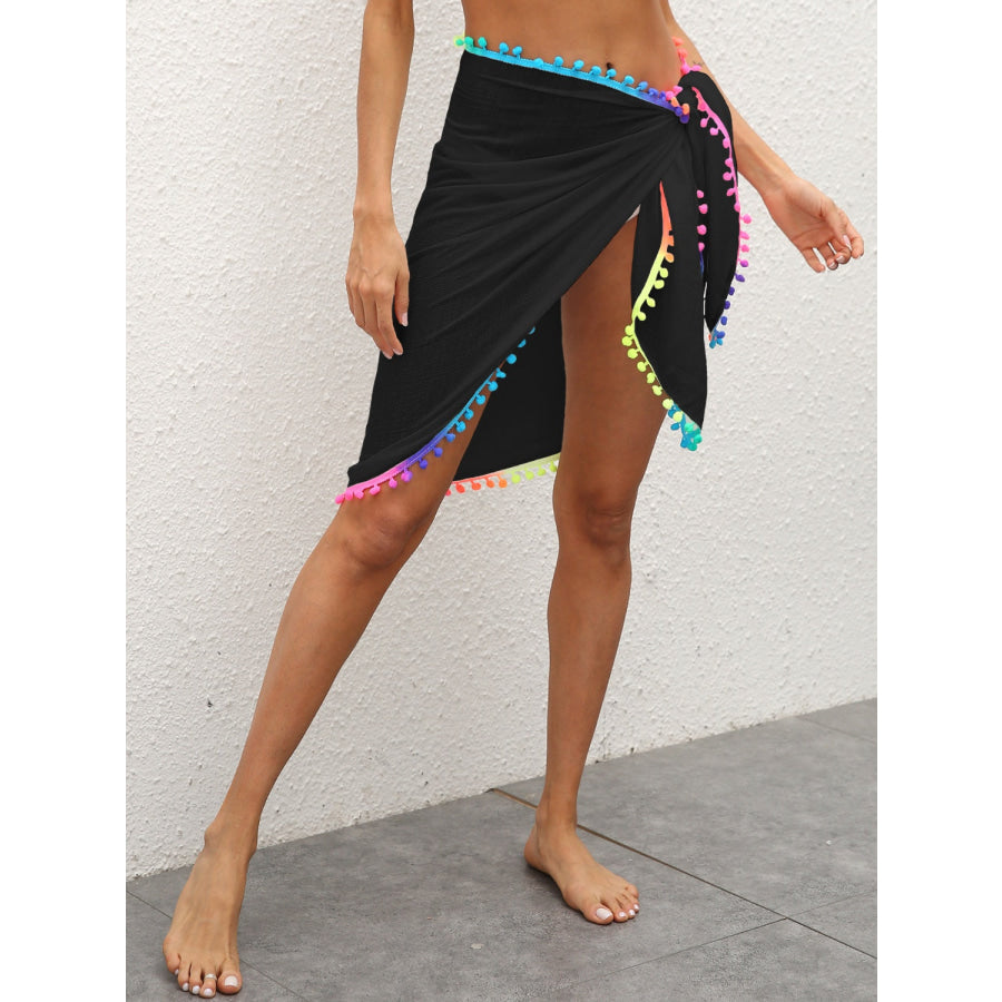 Rainbow Pompom Trim Swim Skirt Black / One Size Apparel and Accessories