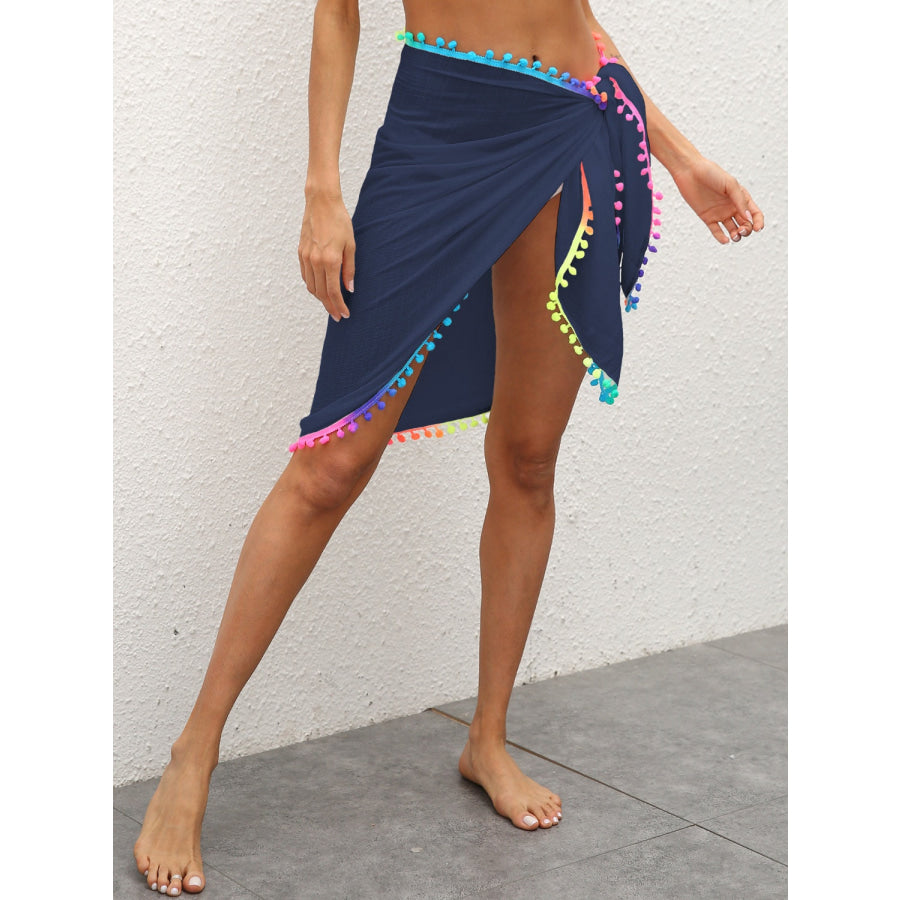 Rainbow Pompom Trim Swim Skirt Navy / One Size Apparel and Accessories
