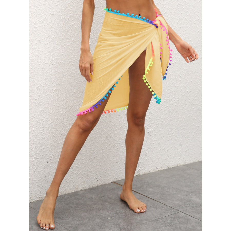 Rainbow Pompom Trim Swim Skirt True Yellow / One Size Apparel and Accessories