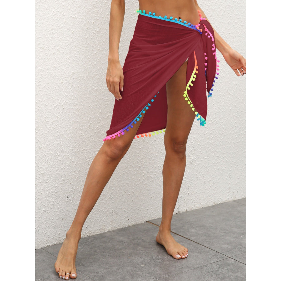 Rainbow Pompom Trim Swim Skirt Wine / One Size Apparel and Accessories