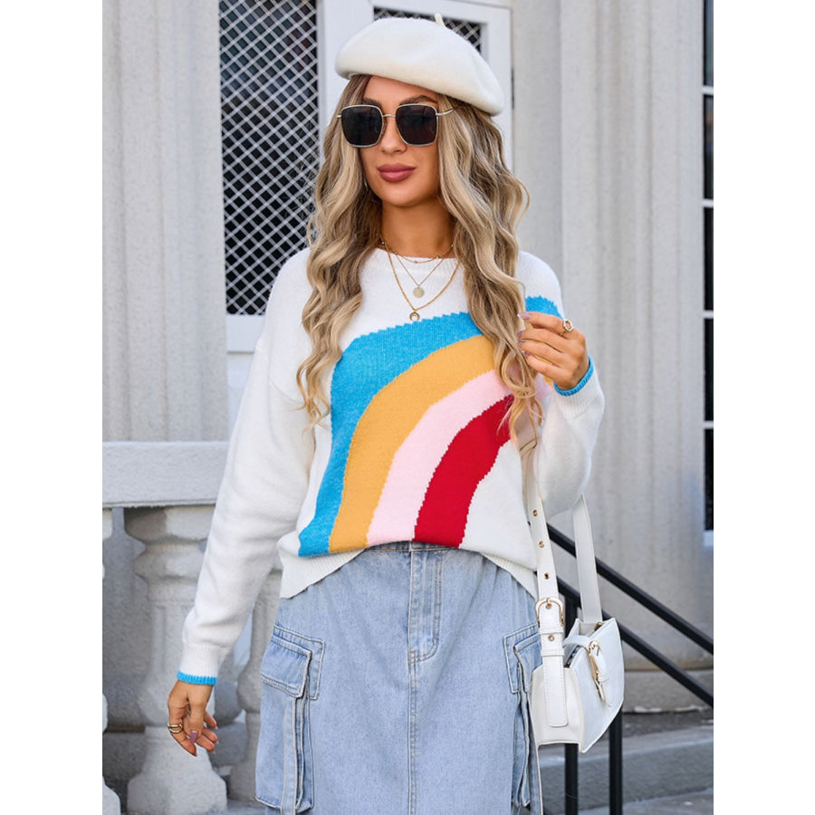 Rainbow Round Neck Long Sleeve Sweater White / S Apparel and Accessories